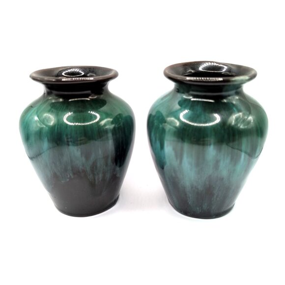 Set of 2 Vtg Blue Mountain Pottery Vases 4x3.5" Retro Drip Glaze Unmarked VGC - Picture 1 of 6